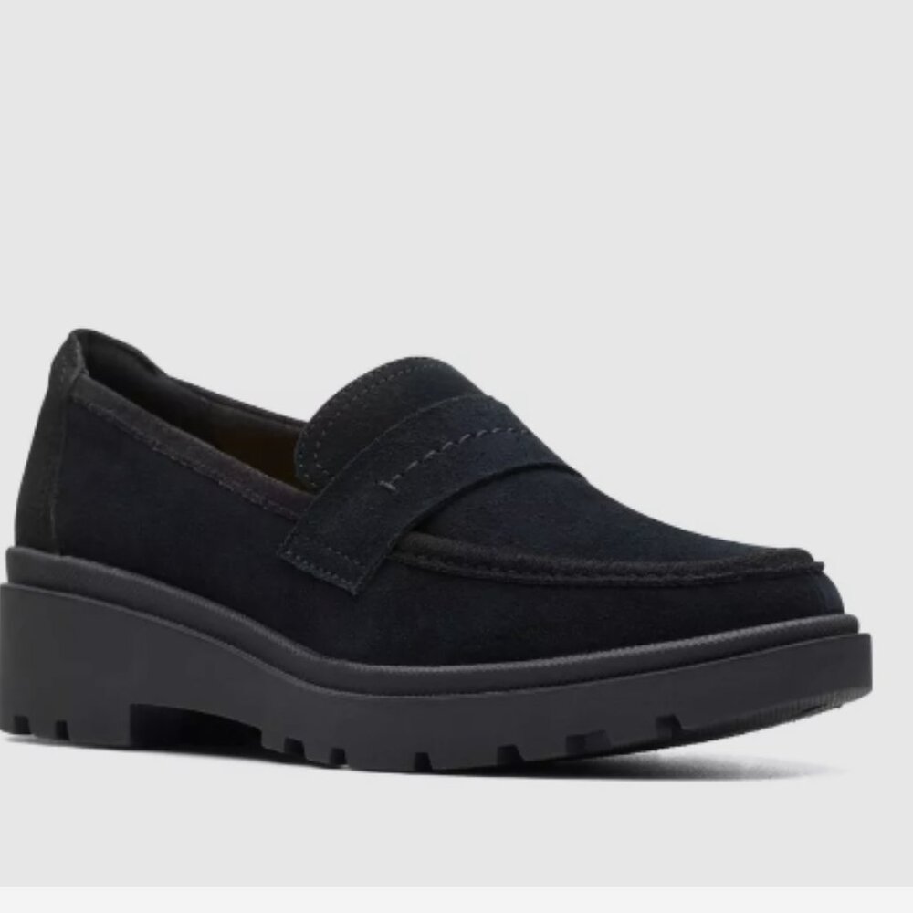 Clarks CALLA EASE SUEDE- BLACK Lug Sole Loafers NWT